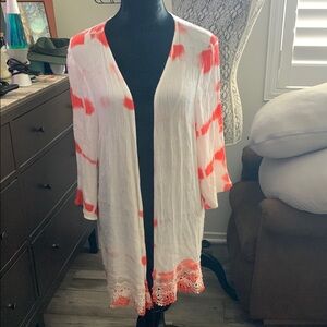 Bobeau White and Orange Tie-Dye Kimono